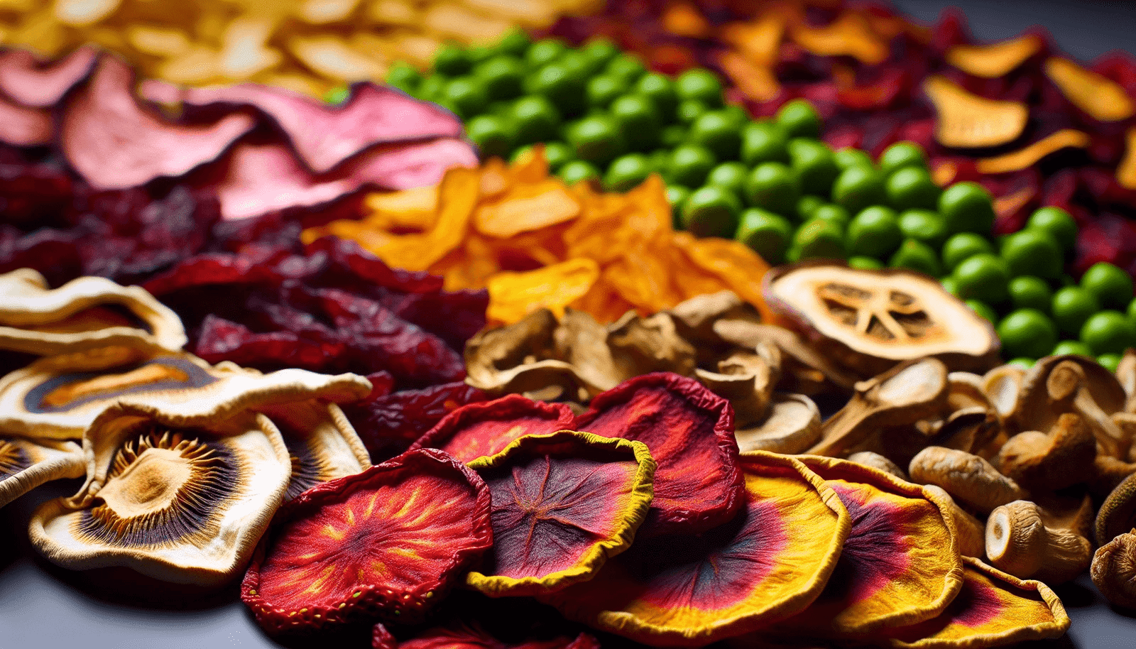 Colorful dehydrated vegetable chips and natural ingredients